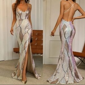SEQUINED PATCHWORK EXTRA LONG FIT AND FLARE PREMIUM QUALITY MAXI DRESS